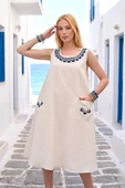 Krem Nakışlı Keten Elbise thumbnail 2