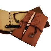 Ahşap Kutulu Taba Renk Deri Defter Kalem Set thumbnail 2