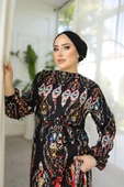 ETNİK DESENLİ KEMERLİ VİSKON ELBİSE thumbnail 5