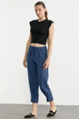 Paça Büzgü Detaylı Krep Pantolon - Indigo thumbnail 3