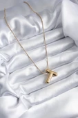 316L Çelik Gold Renk Bubble "T" Harf Model Kadın Kolye thumbnail 2