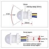 220V Hareket Pır Sensörü - Otomatik Lamba Sensörü 25cm Kablolu thumbnail 8
