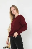 Kadın V Yaka Kazak Uzun Kol Düz Dokuma Triko - Bordo thumbnail 2