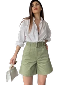 Rahat Kesim Kemerli Mom Şort - HAKİ thumbnail 2