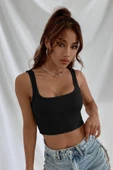 Kadın Siyah Kalın Askılı Crop Top Büstiyer thumbnail 1