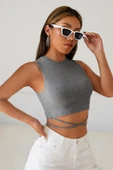 Kadın Gri Çapraz Bağlamalı Crop Top Büstiyer thumbnail 6