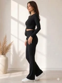 Kadın Siyah Fitilli Geniş Paça Tayt thumbnail 3