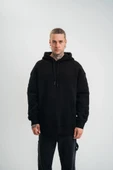 Double Oversize Kapşonlu Nakışlı SweatShirt - Siyah thumbnail 1