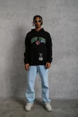 Erkek Baskılı Kapüşonlu Sweatshirt - Siyah thumbnail 2