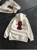 Üç İplik Kapşonlu Baskılı Oversize SweatShirt- Beyaz thumbnail 2