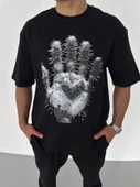 Unisex Bisiklet Yaka Baskılı Oversize T-Shirt - Siyah thumbnail 2