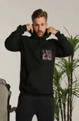 Unisex Kapşonlu Baskılı Sweetshirt - Siyah thumbnail 2
