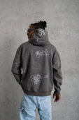 Erkek Baskılı Kapüşonlu Ribanalı Sweat - Gri thumbnail 3