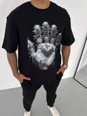Unisex Bisiklet Yaka Baskılı Oversize T-Shirt - Siyah thumbnail 1