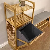 2 Organizer Raflı Ahşap Bambu Çek-Aç Kirli Sepeti thumbnail 5