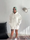 Kapşonlu Üç İplik Penye Basic SweatShirt - Beyaz thumbnail 1