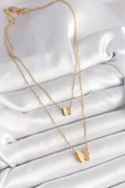 316L Çelik Gold Renk 2'Li Simli Model Kadın Kolye thumbnail 2