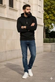 Erkek Siyah Kapşonlu Sweatshirt thumbnail 2