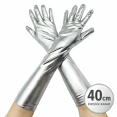 Gümüş Renk Dirsek Altı Lüks Saten Eldiven 40 Cm thumbnail 3