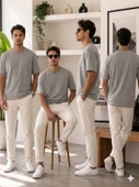 Erkek Gri O Yaka Basic T-Shirt thumbnail 4