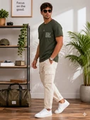 Erkek Haki O Yaka Basic T-Shirt thumbnail 2