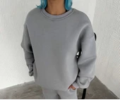 Kadın Bisiklet Yaka 3 İplik Pamuklu Basic SweatShirt - Gri thumbnail 2