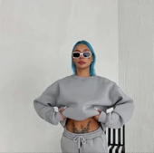 Kadın Bisiklet Yaka 3 İplik Pamuklu Basic SweatShirt - Gri thumbnail 1