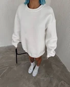 Kadın Bisiklet Yaka 3 İplik Pamuklu Basic SweatShirt - Beyaz thumbnail 1