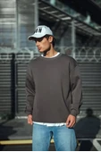 Erkek Bisiklet Yaka 3 iplik Pamuklu Basic SweatShirt  - Antrasit thumbnail 3