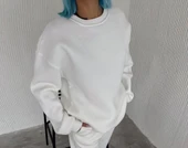 Kadın Bisiklet Yaka 3 İplik Pamuklu Basic SweatShirt - Beyaz thumbnail 2