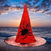 Hallowen cadı şapkası Kırmızı Dev Örümcek Desenli thumbnail 6