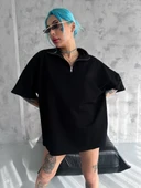 Unisex Yarım Fermuarlı Basic T-shirt - Siyah thumbnail 1