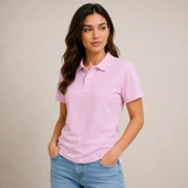 Polo Yaka Pike Kumaş Düğmeli Basic Tişört Günlük Rahat - Pembe thumbnail 4