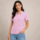 Polo Yaka Pike Kumaş Düğmeli Basic Tişört Günlük Rahat - Pembe thumbnail 3