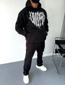 Uzun Kol Kapüşonlu Baskılı Sweatshirt - Siyah thumbnail 3
