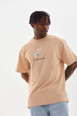 Unisex Baskılı Oversize T-shirt - Bej thumbnail 3