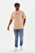 Unisex Baskılı Oversize T-shirt - Bej thumbnail 4