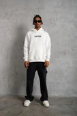 Erkek Üç İplik Baskılı Kapüşonlu Sweat - Beyaz thumbnail 3