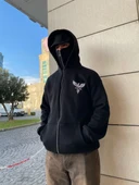 Samuray Kapüşonlu Zıp Fermuarlı Kapüşonlu Sweatshirt - Siyah thumbnail 5