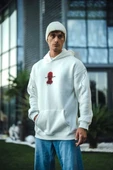 Üç İplik Kapüşonlu Baskılı Oversize Sweatshirt- Beyaz thumbnail 3