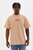 Unisex Baskılı Oversize T-shirt - Bej thumbnail 1