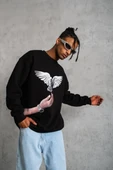 Erkek Güvercin Baskılı Sweatshirt - Siyah thumbnail 3