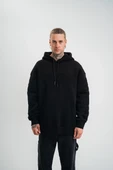 Double Oversize Kapşonlu Nakışlı Sweatshirt - Siyah thumbnail 1
