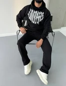 Uzun Kol Kapüşonlu Baskılı Sweatshirt - Siyah thumbnail 2