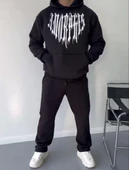 Uzun Kol Kapüşonlu Baskılı Sweatshirt - Siyah thumbnail 5