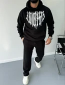 Uzun Kol Kapüşonlu Baskılı Sweatshirt - Siyah thumbnail 4