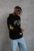 Erkek Baskılı Kapüşonlu Sweatshirt - Siyah thumbnail 3