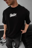 Erkek Baskılı Oversize T-shirt - Siyah thumbnail 4
