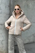 Bej Su Geçirmez Kapüşonlu Şişme Mont thumbnail 6
