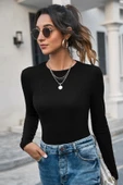 Kadın Siyah Uzun Kollu Fit Basic Crop Top Bluz thumbnail 1